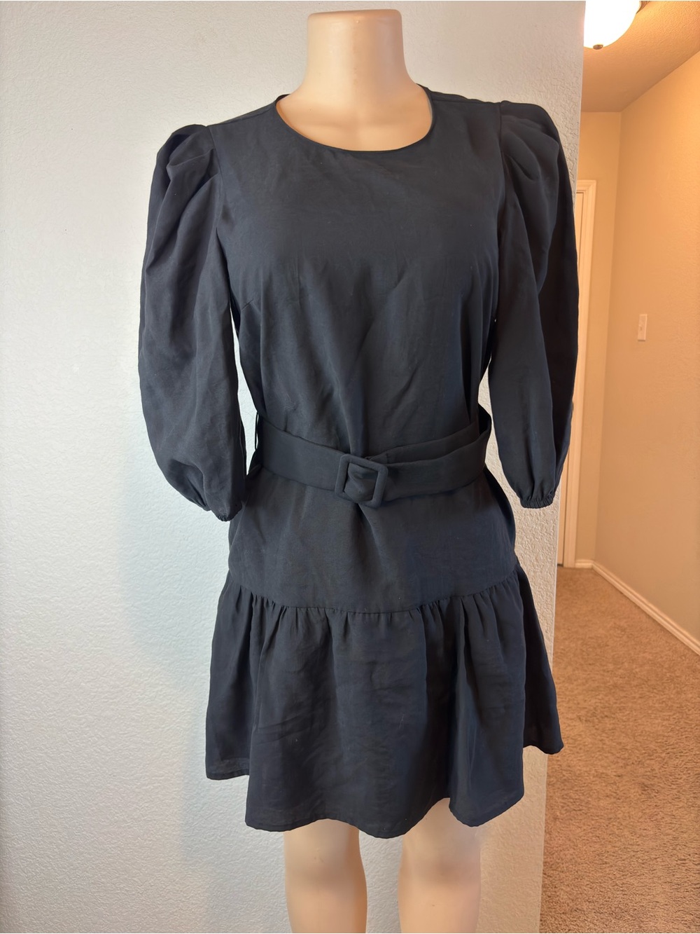Zara Black Puff-Sleeve Belted Mini Dress with Gathered Skirt